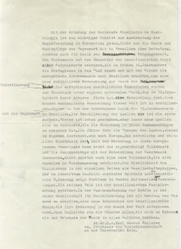 Schreiben von Prof. Dr. K.-G.Fellerer zur Gründung der Brasilianischen Gesellschaft für Musikwissenschaft. Initiative und Leitung von Dr. A.A.Bispo
